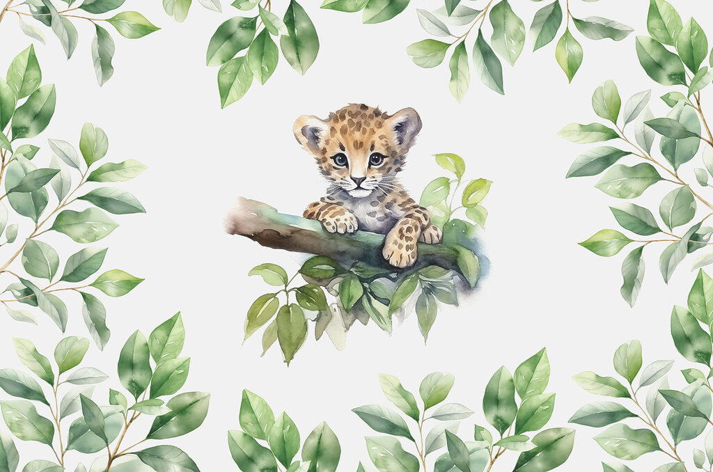 O acuarelă a unui pui de leopard pe o ramură de copac O acuarelă a unui pui de leopard pe o ramură de copac