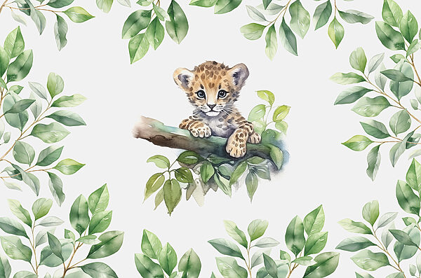 O acuarelă a unui pui de leopard pe o ramură de copac O acuarelă a unui pui de leopard pe o ramură de copac