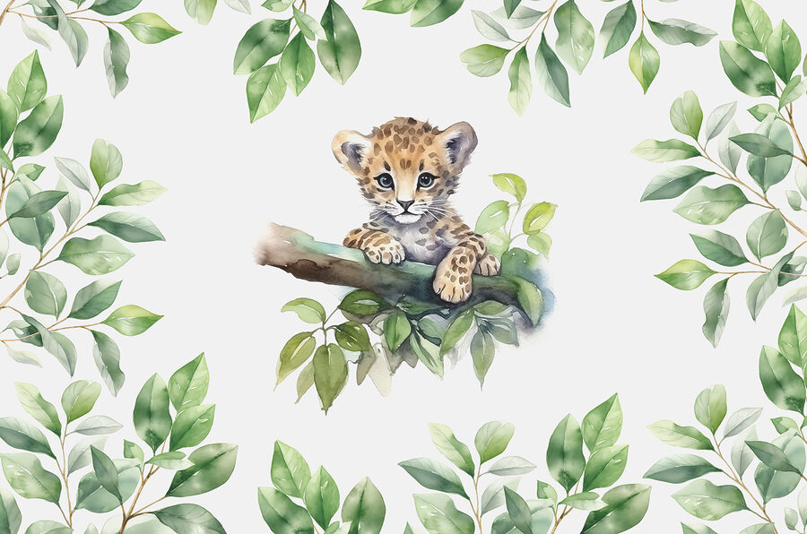 O acuarelă a unui pui de leopard pe o ramură de copac