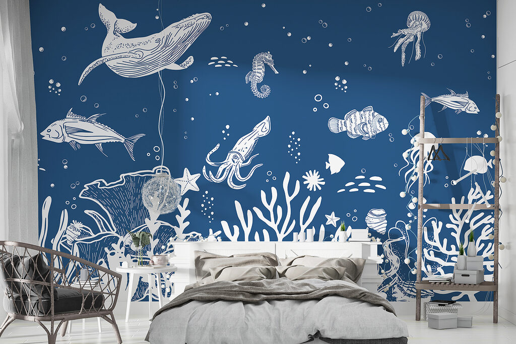 A white outline of sea animals