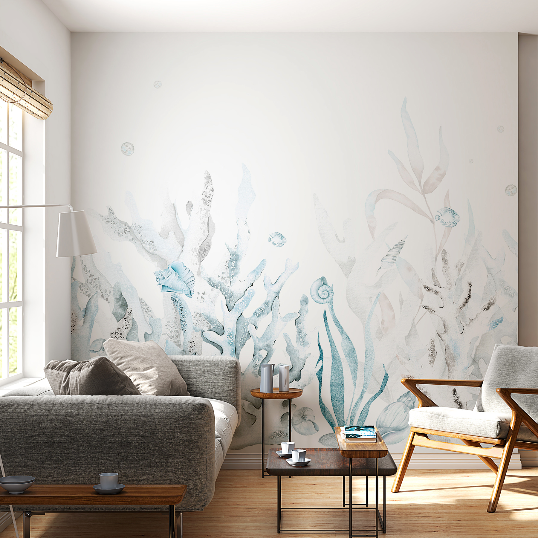 A watercolor of seaweed and shells A watercolor of seaweed and shells