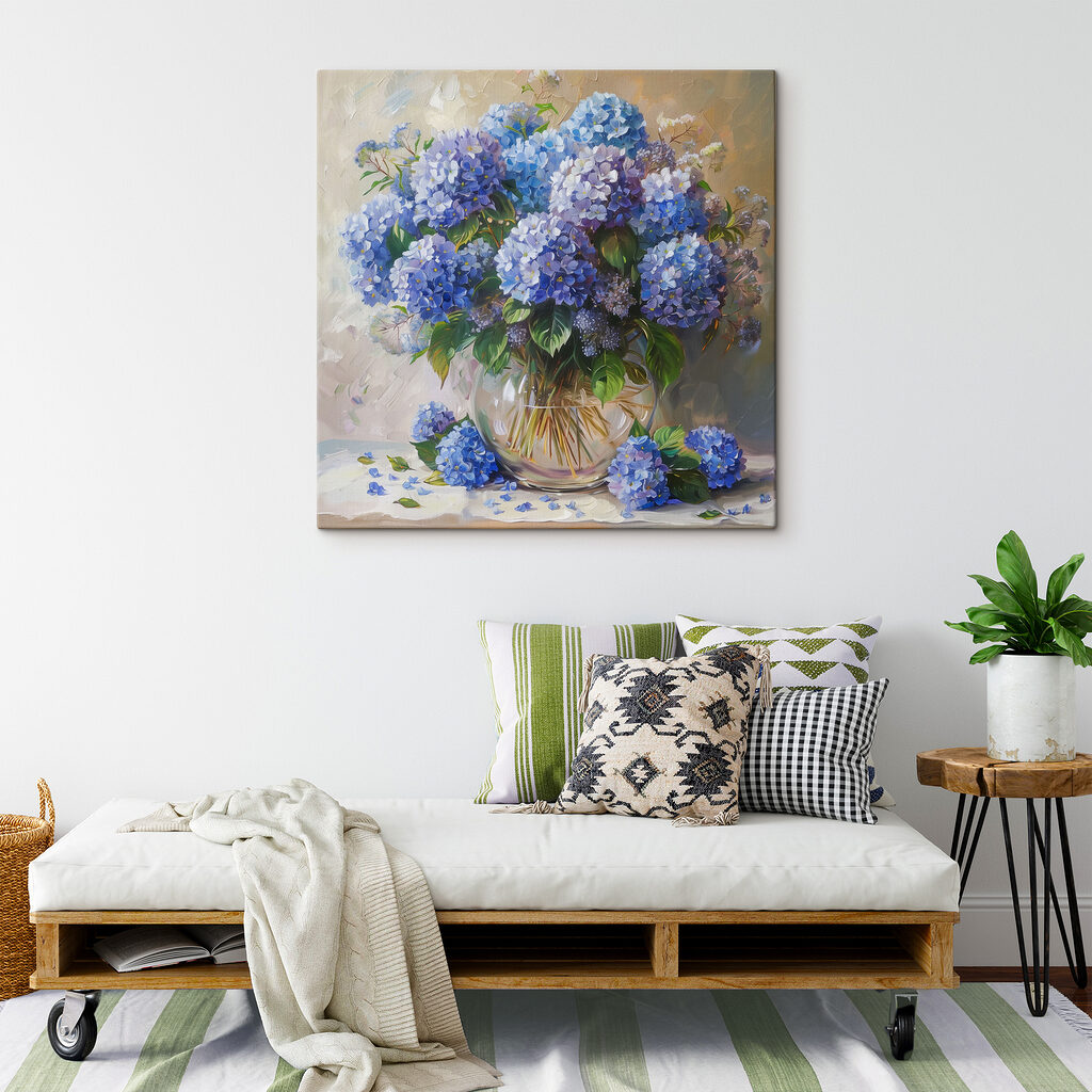 A painting of a vase of blue flowers A painting of a vase of blue flowers