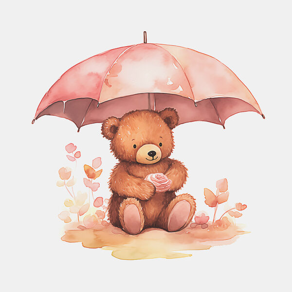 A watercolor of a teddy bear holding a flower under an umbrella A watercolor of a teddy bear holding a flower under an umbrella