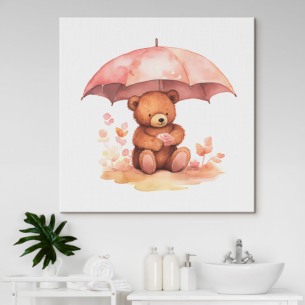 A watercolor of a teddy bear holding a flower under an umbrella A watercolor of a teddy bear holding a flower under an umbrella