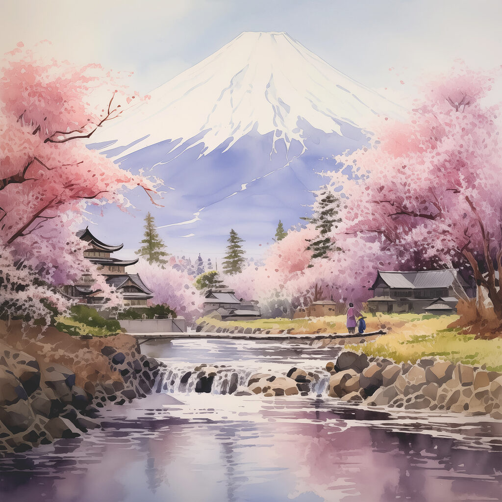 A watercolor of a river with a mountain in the background A watercolor of a river with a mountain in the background