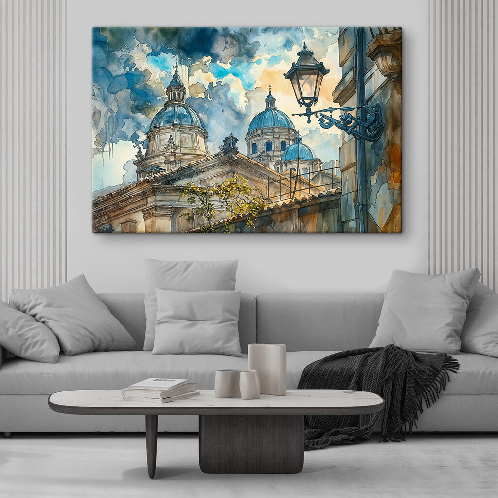 A watercolor painting of a building with domes and a street light