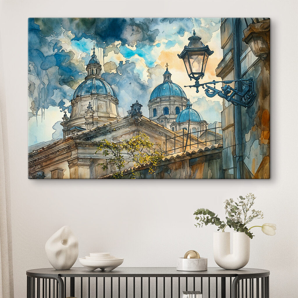 A watercolor painting of a building with domes and a street light
