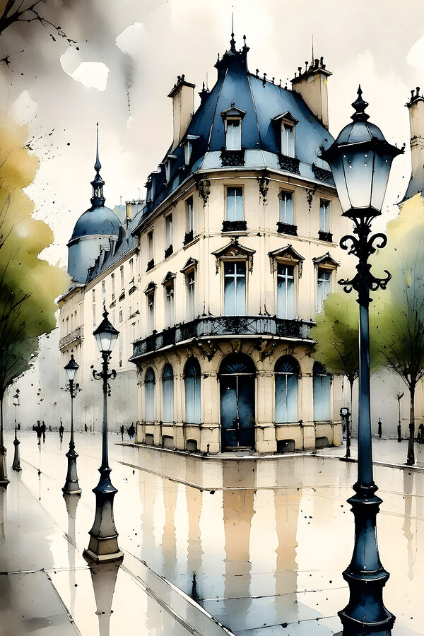 A painting of a building with a blue roof A painting of a building with a blue roof