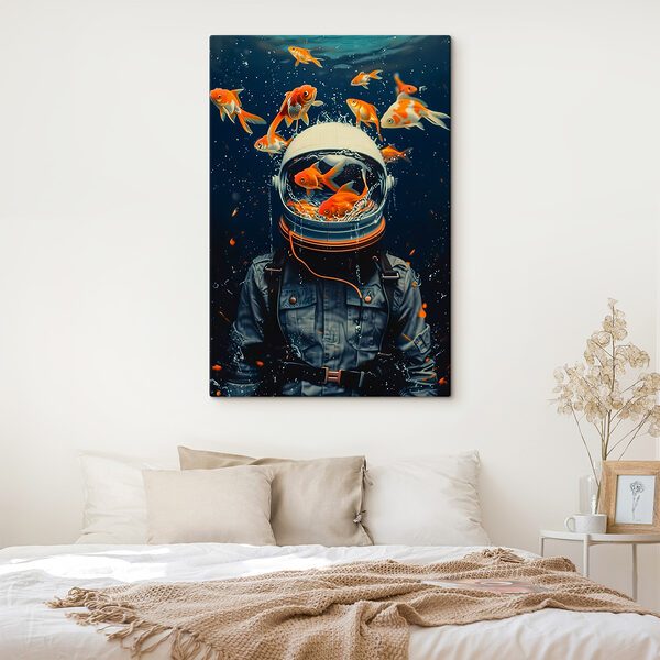 Space helmet filled with swimming fish Space helmet filled with swimming fish