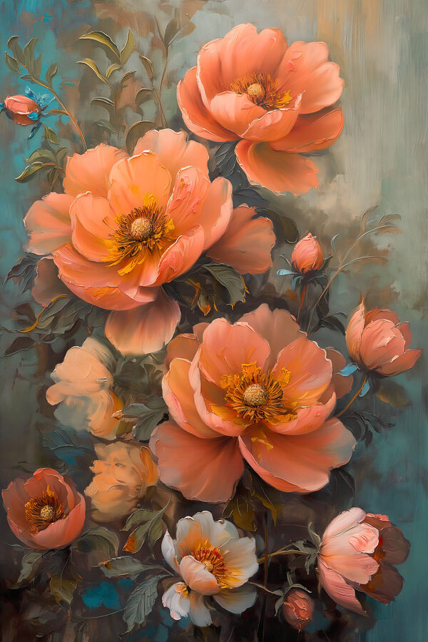 A painting of flowers on a blue background A painting of flowers on a blue background