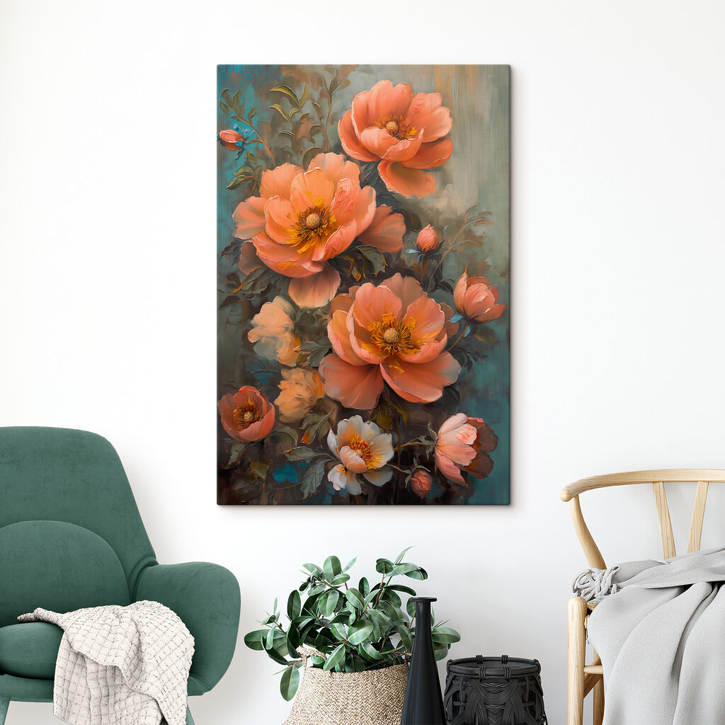 A painting of flowers on a blue background A painting of flowers on a blue background