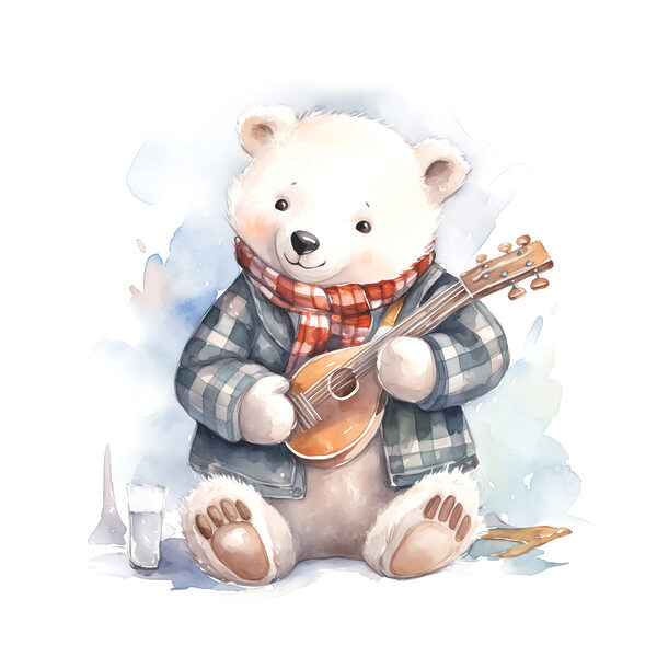A watercolor of a teddy bear playing a guitar