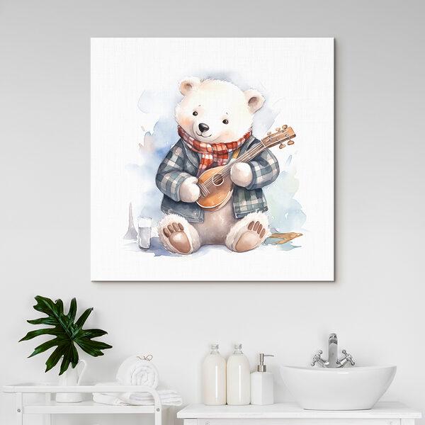 A watercolor of a teddy bear playing a guitar