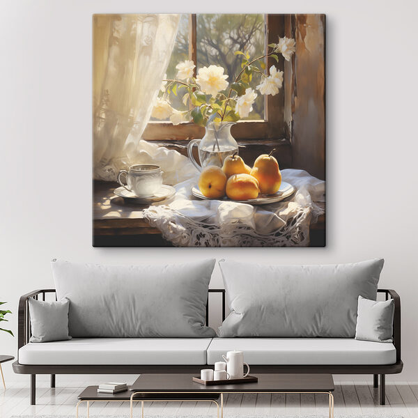 A plate of fruit and a cup on a table next to a vase of flowers A plate of fruit and a cup on a table next to a vase of flowers