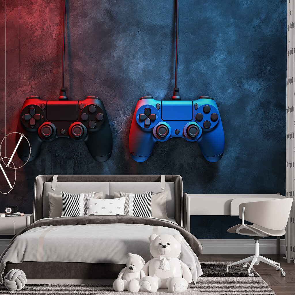 A blue and red video game controllers A blue and red video game controllers