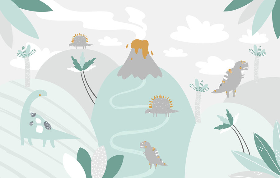 Un dinozaur de desene animate cu un vulcan și plante