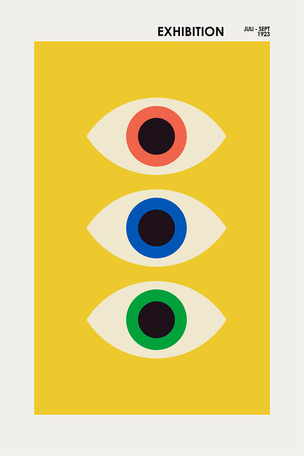 A yellow rectangular object with multi colored eyes