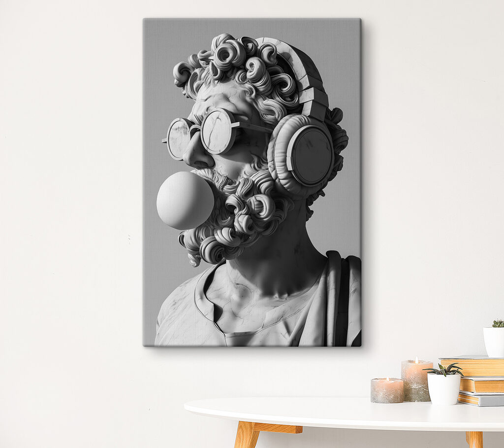 A statue of a man with headphones and a bubble gum