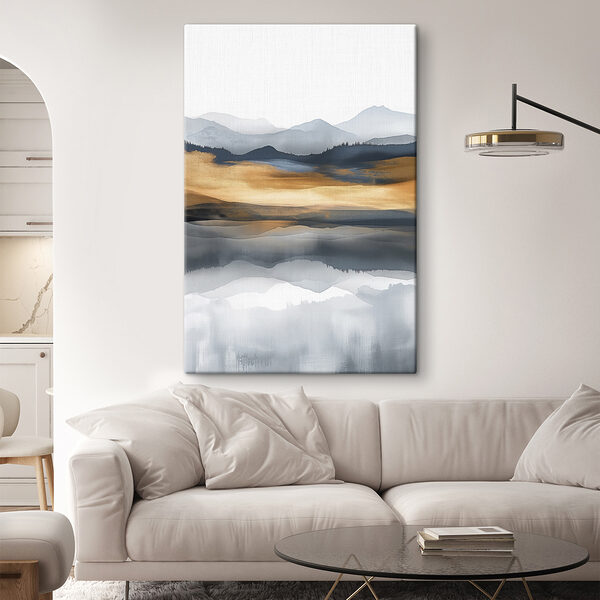 A watercolor painting of mountains and a lake