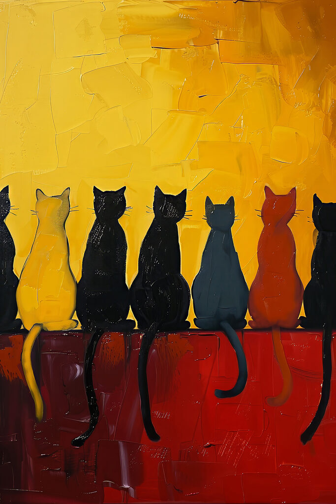 A group of cats sitting on a red surface
