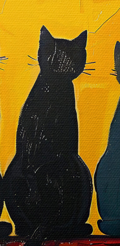 A group of cats sitting on a red surface