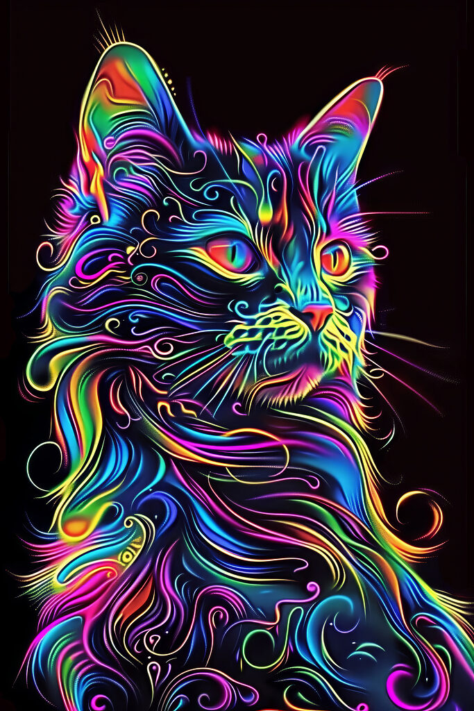 A colorful cat with a black background A colorful cat with a black background