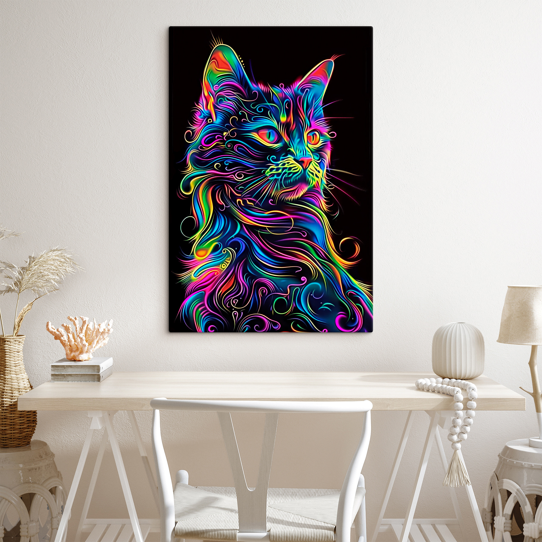 A colorful cat with a black background A colorful cat with a black background