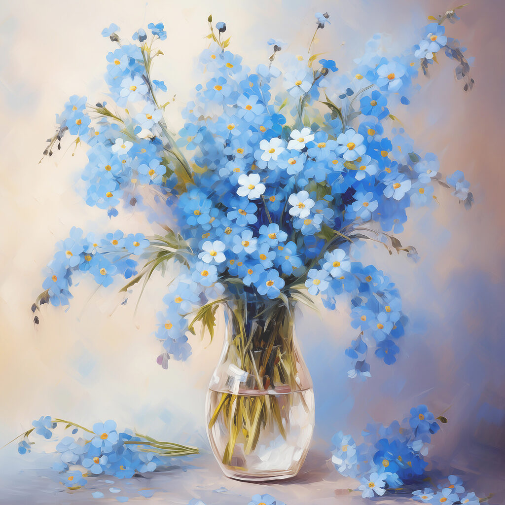 A painting of blue flowers in a vase