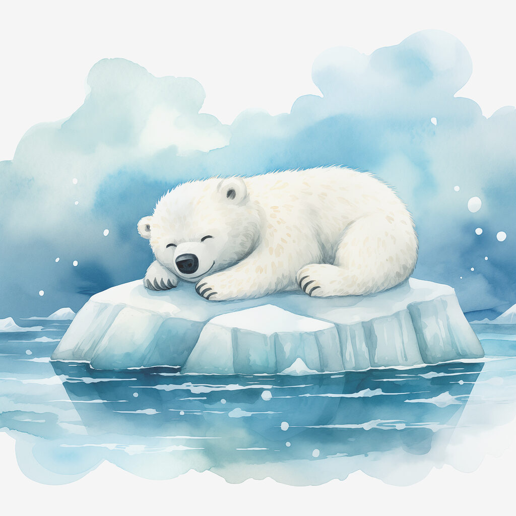 A polar bear lying on an iceberg in water