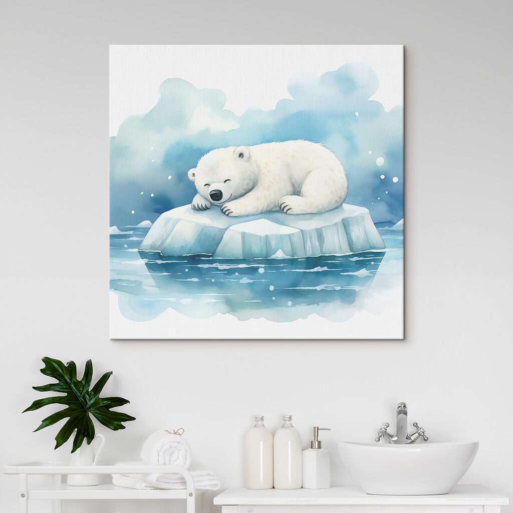 A polar bear lying on an iceberg in water