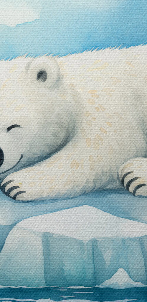 A polar bear lying on an iceberg in water