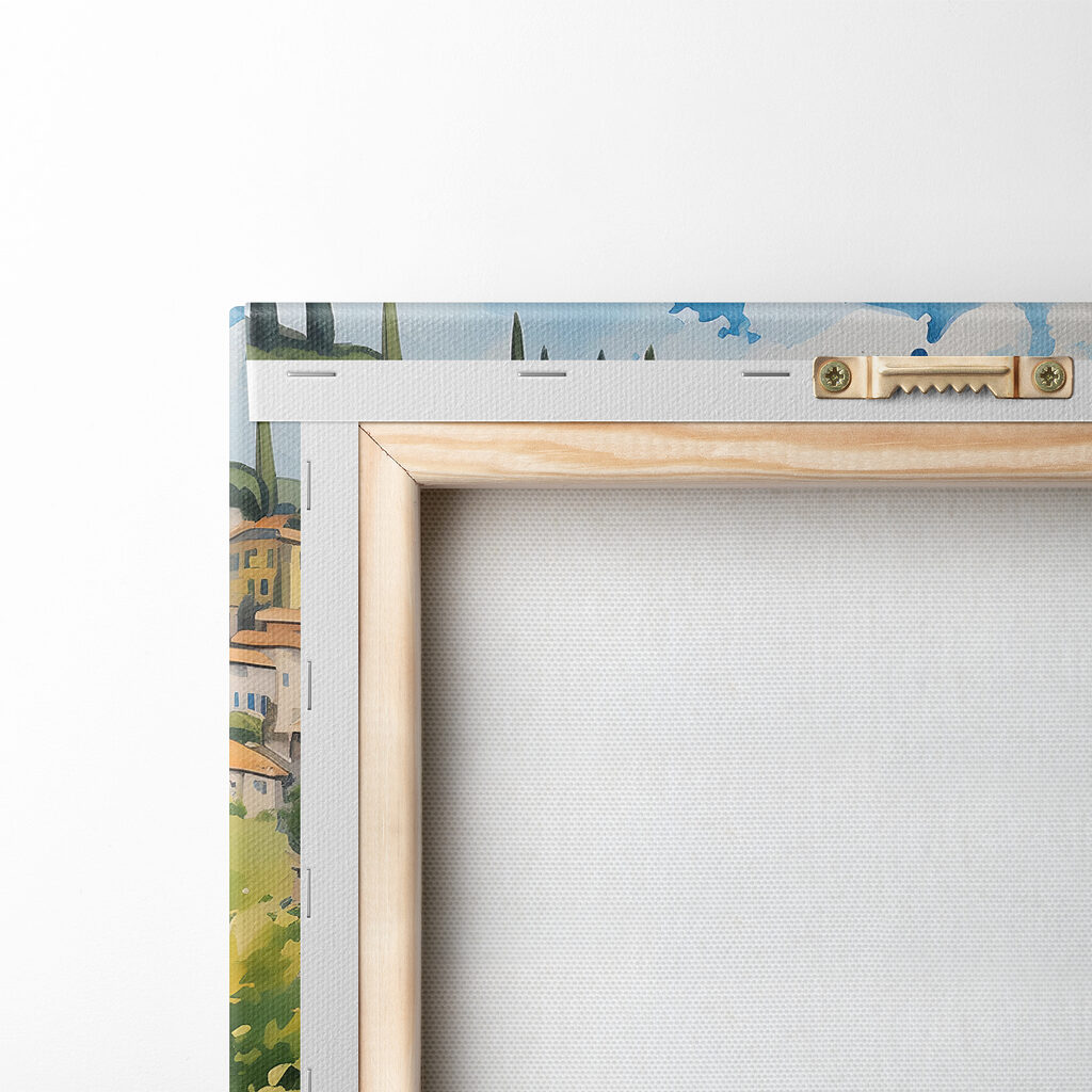 A painting of a town on a cliff by the water A painting of a town on a cliff by the water