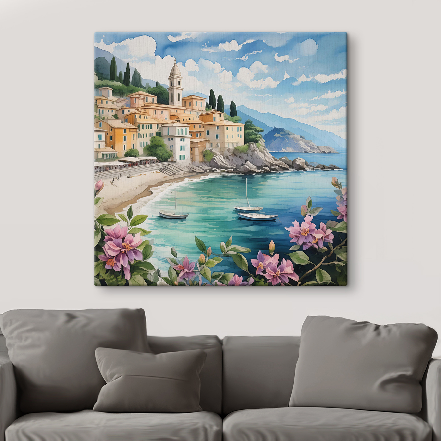 A painting of a town on a beach with boats and flowers A painting of a town on a beach with boats and flowers