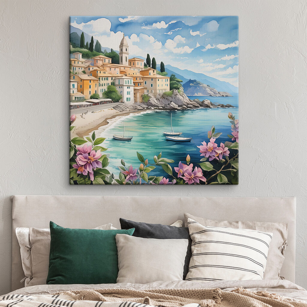 A painting of a town on a beach with boats and flowers A painting of a town on a beach with boats and flowers