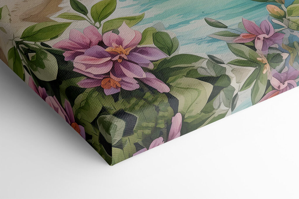 A painting of a town on a beach with boats and flowers A painting of a town on a beach with boats and flowers