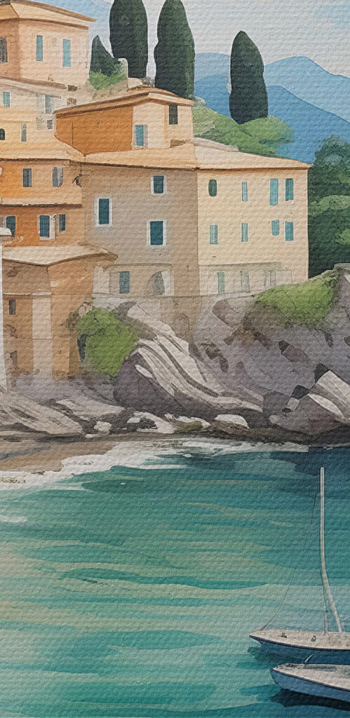 A painting of a town on a beach with boats and flowers A painting of a town on a beach with boats and flowers