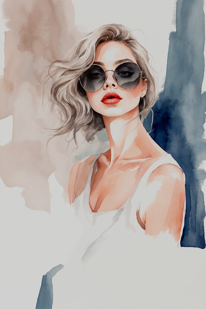 A watercolor of a woman wearing sunglasses