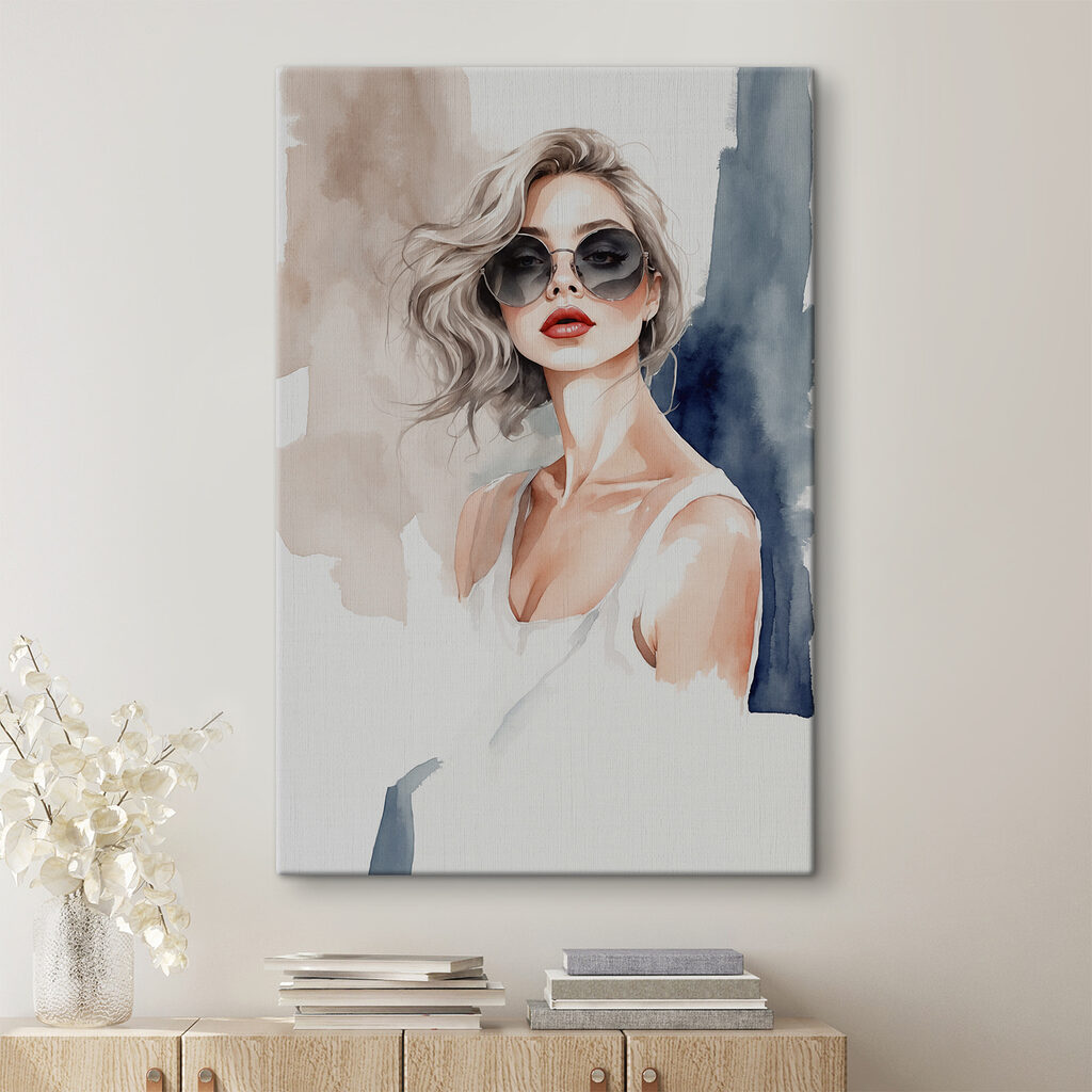 A watercolor of a woman wearing sunglasses