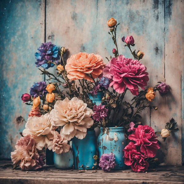 Un grup de flori colorate în vaze albastre Un grup de flori colorate în vaze albastre