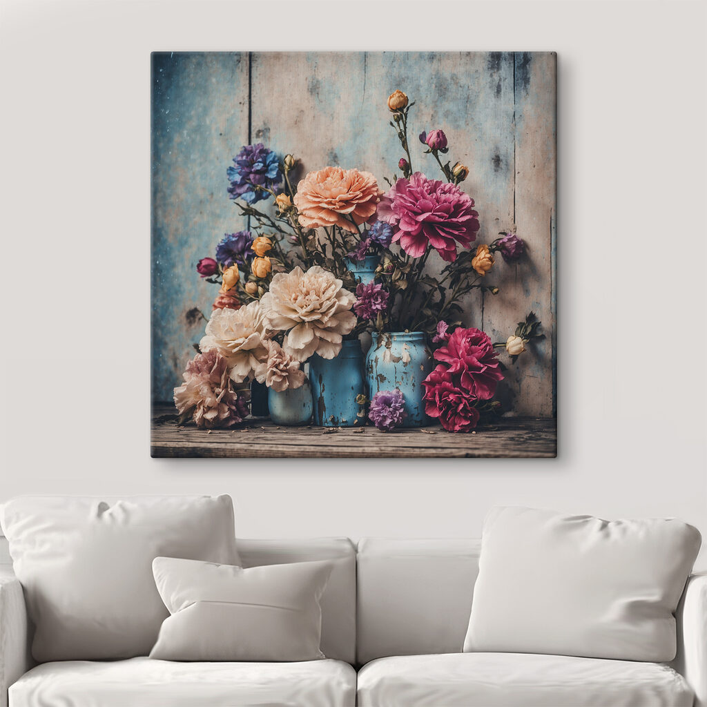 A group of colorful flowers in blue vases A group of colorful flowers in blue vases