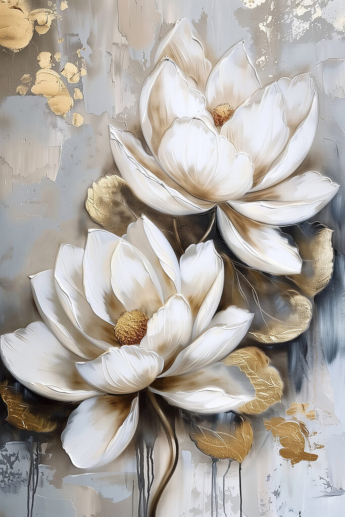 A painting of flowers on a grey background