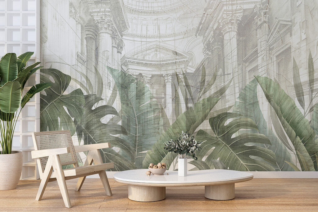 A painting of a building with a large leaf