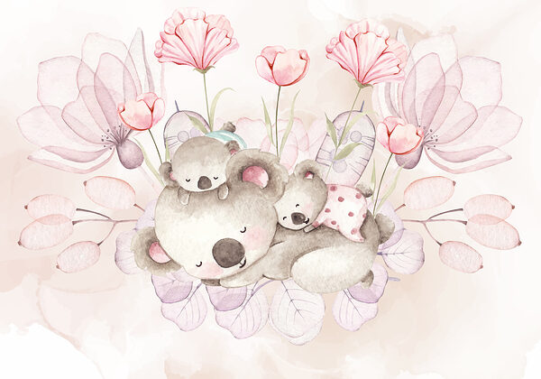 O ilustrație acuarelă a unui cuplu de koala și flori O ilustrație acuarelă a unui cuplu de koala și flori