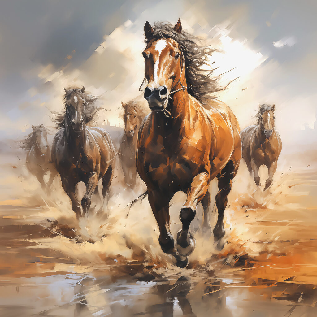 A group of horses running through water