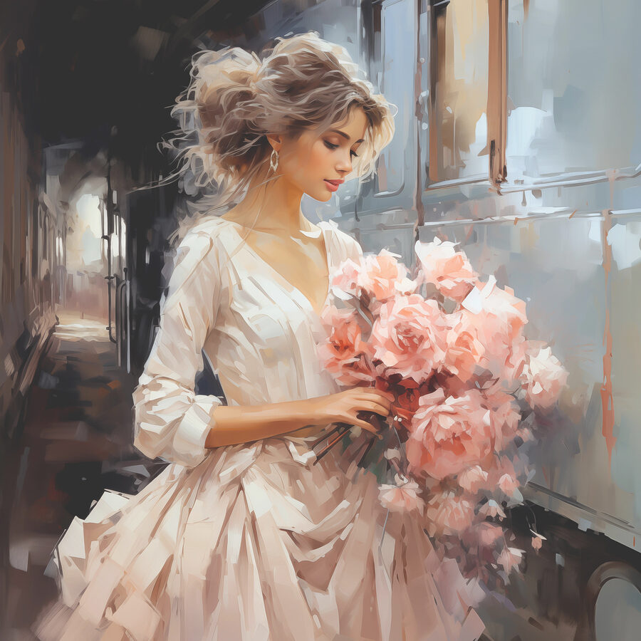 Tablouri O femeie cu flori în mână într-un tren - imagine 9