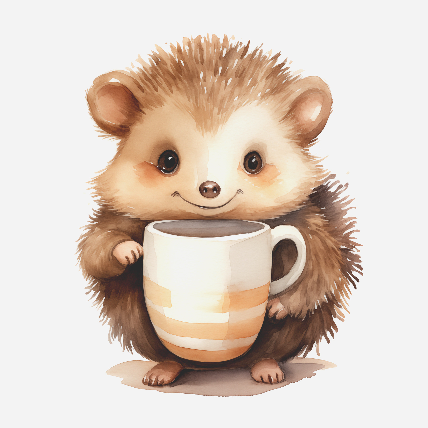 A watercolor of a hedgehog holding a cup
