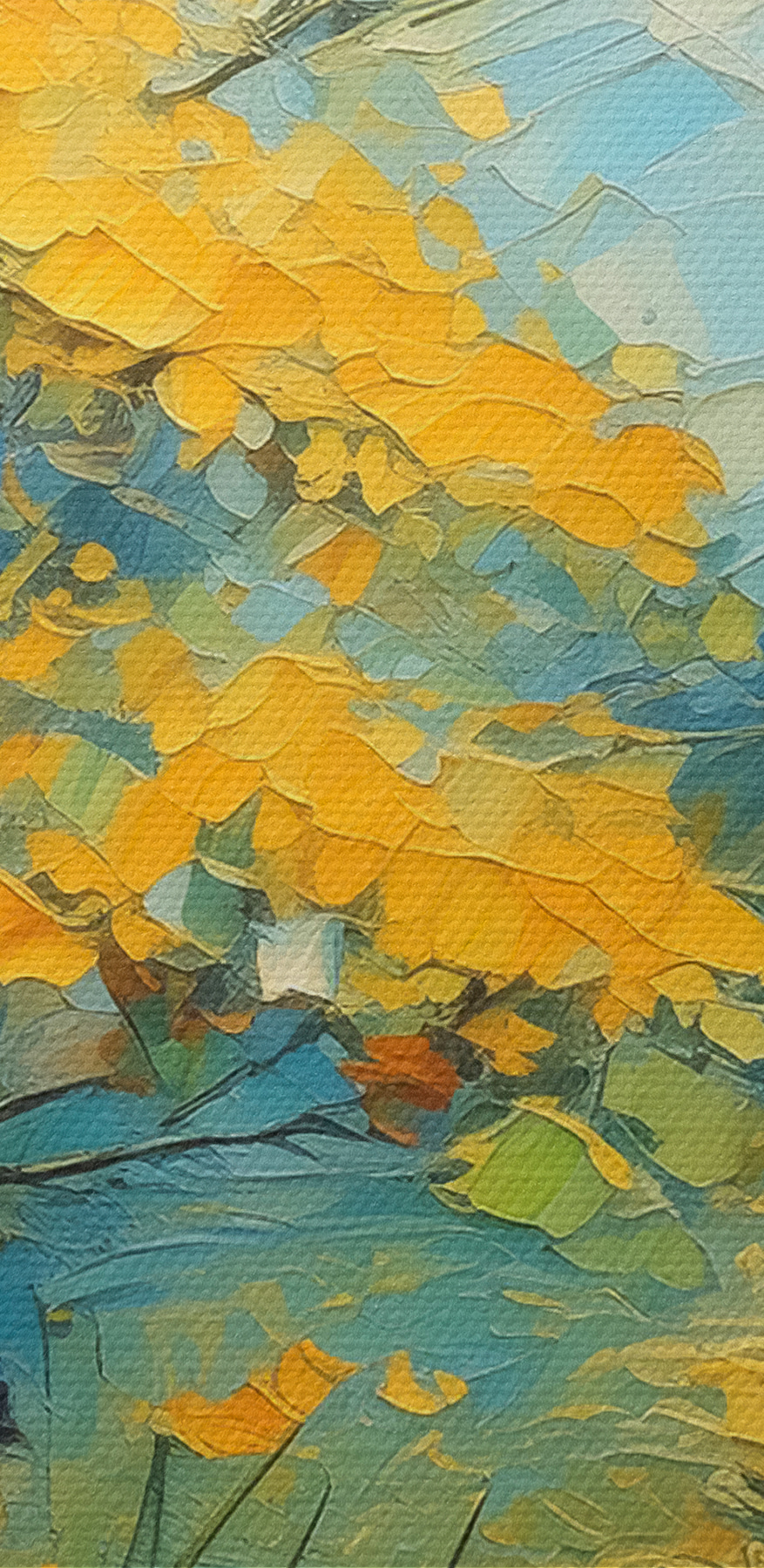 A painting of a river with yellow flowers A painting of a river with yellow flowers