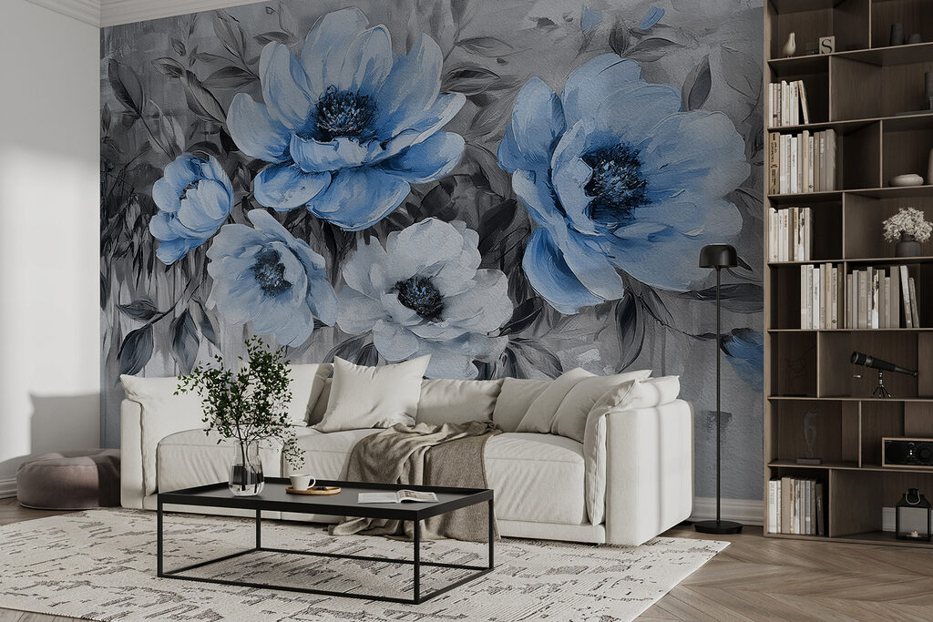 A painting of blue flowers