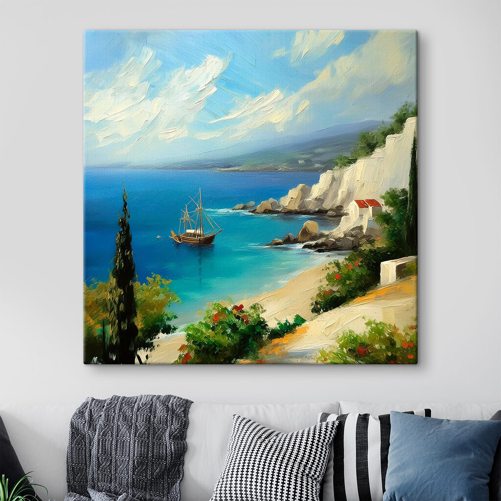 A painting of a boat in the water A painting of a boat in the water