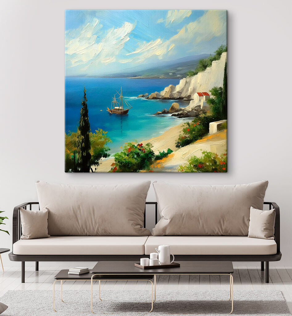 A painting of a boat in the water A painting of a boat in the water